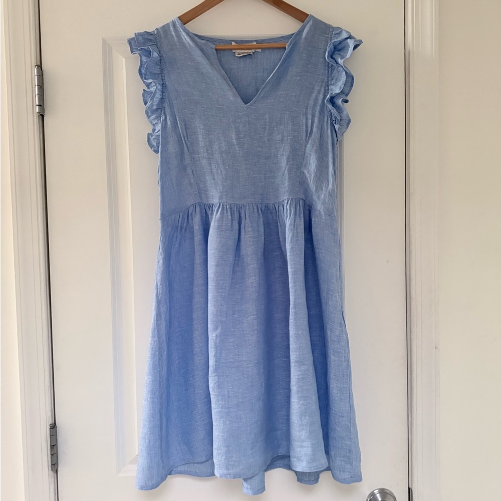 Vineyard Vines Light Blue Linen V-Neck Ruffle Sleeve Dress| M